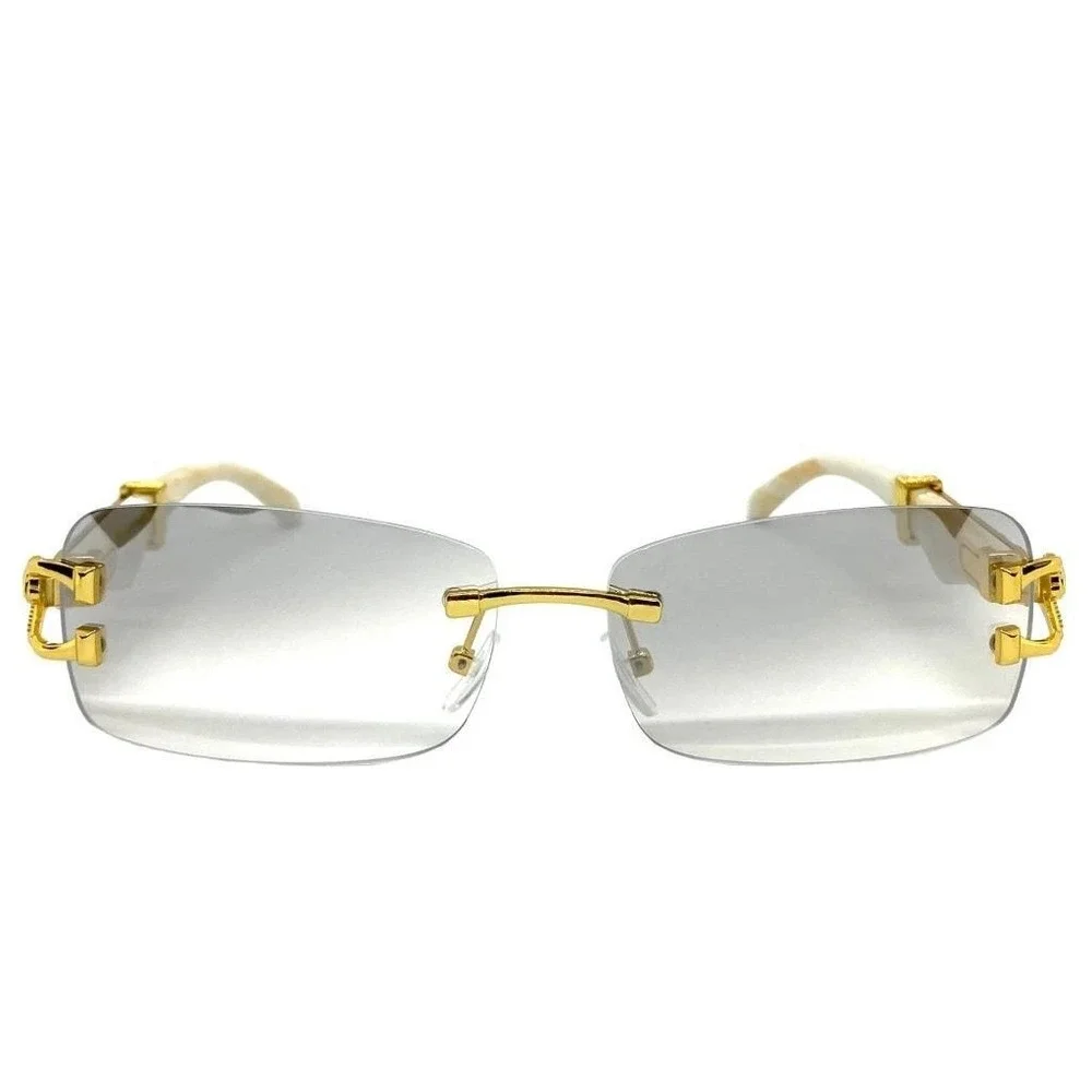 Mens Rimless Rectangle Clear Sunglasses Gold Cream Marble Gray Gradient Lens New